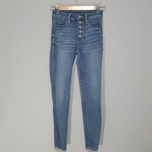 American Eagle jeans womens size 00S blue super hi-rise jegging button-f…
